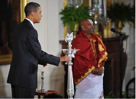 Barack Obama and Sri Narayanachar Digalakote during Diwali celebration at White House